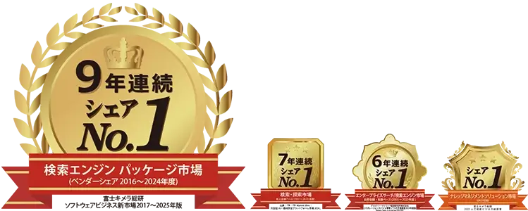 富士キメラ総研検索エンジン パッケージ市場(9年連続)、アイ・ティ・アール(7年連続)、デロイト トーマツ ミック経済研究所(6年連続)、富士キメラ総研ナレッジマネジメントソリューション市場