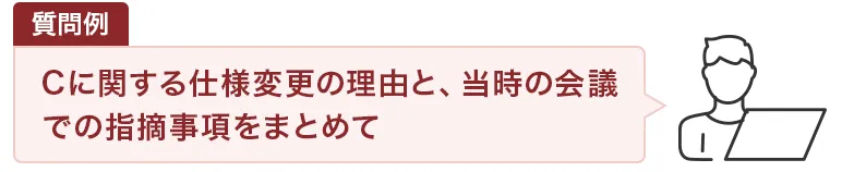 質問例：Cに関する仕様変更の理由と、当時の会議での指摘事項をまとめて