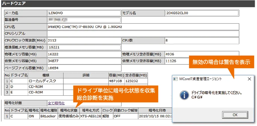 ドライブ単位に暗号状態を収集、総合診断を実施 無効の場合は警告を表示