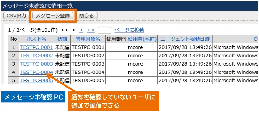 メッセージの確認・実行状況一覧画面イメージ