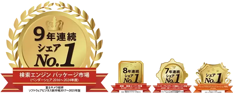 富士キメラ総研検索エンジン パッケージ市場(9年連続)、アイ・ティ・アール(8年連続)、デロイト トーマツ ミック経済研究所(7年連続)、富士キメラ総研ナレッジマネジメントソリューション市場