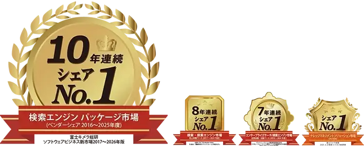 富士キメラ総研検索エンジン パッケージ市場（10年連続）、アイ・ティ・アール（8年連続）、デロイト トーマツ ミック経済研究所（7年連続）、富士キメラ総研ナレッジマネジメントソリューション市場