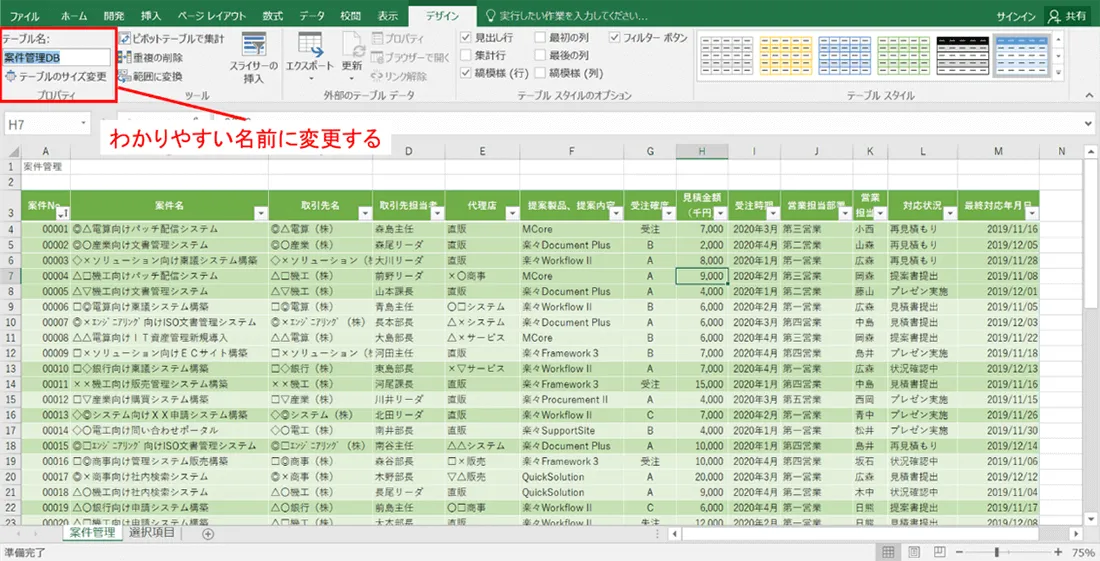 エクセルデータベースにはわかりやすい名前