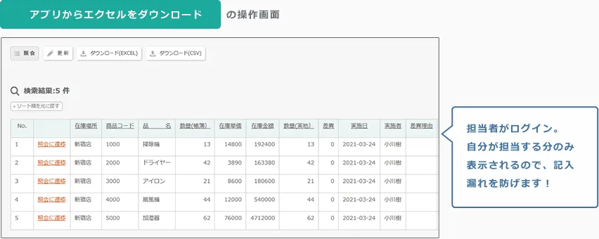 アプリからエクセルをダウンロードの操作画面