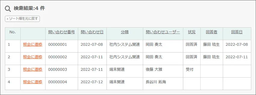 全ての問い合わせを、回答も含め確認可能