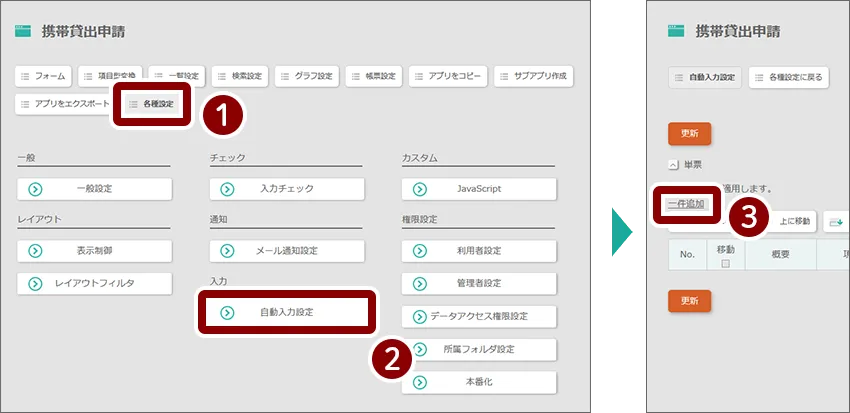 自動入力の設定画面