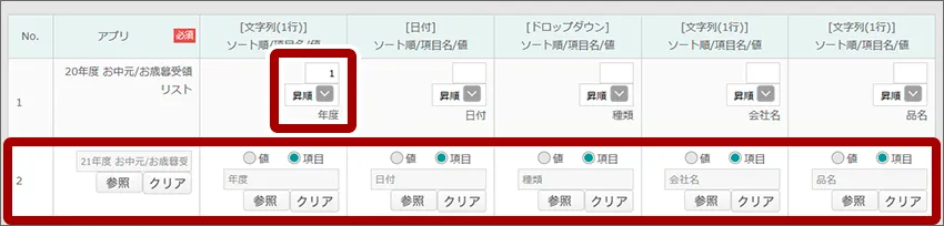 同じ列に表示する項目を指定する