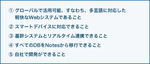 ①グローバルで活用可能、すなわち、多言語に対応した軽快なWebシステムであること②スマートデバイスに対応できること③基幹システムとリアルタイム連携できること④すべてのDBをNotesから移行できること⑤自社で開発ができること