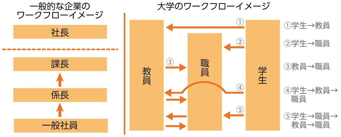 一般企業と大学のワークフローイメージ