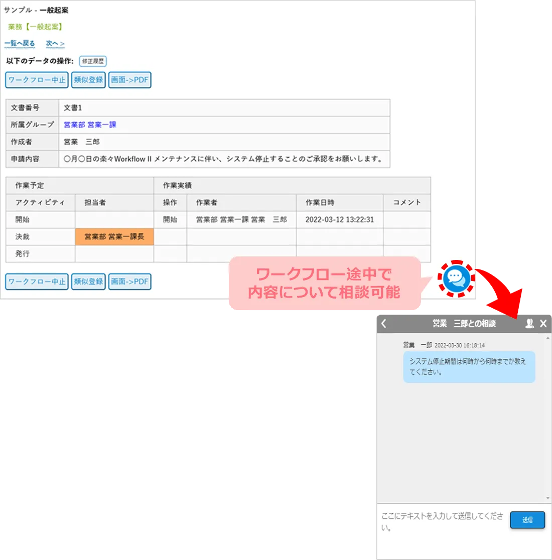 ワークフロー途中で内容について相談可能