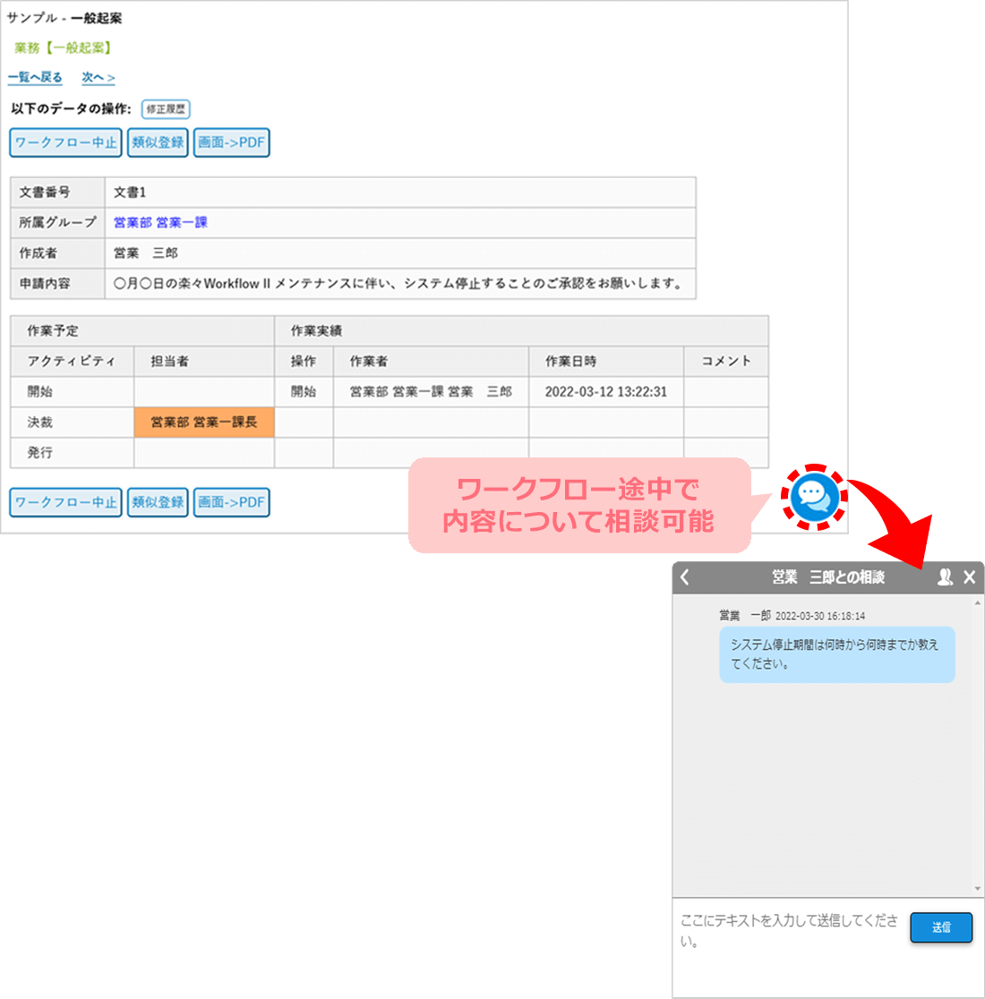 ワークフロー途中で内容について相談可能